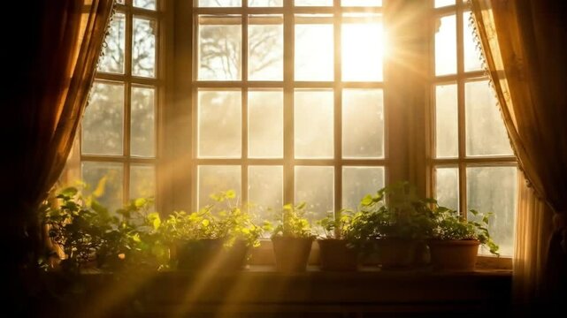 Illustration of soft sunrise light through a window with a plant on the sill